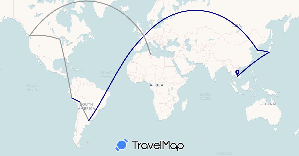 TravelMap itinerary: driving, plane in Argentina, Bolivia, Canada, France, Japan, Cambodia, South Korea, Peru, Tunisia, Taiwan, United States (Africa, Asia, Europe, North America, South America)